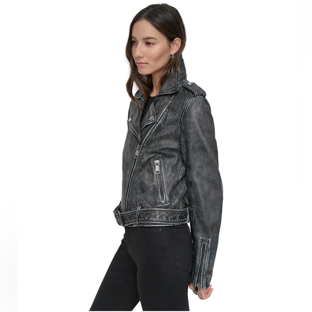 DKNY Jeans Charcoal Leather Moto Jacket - Picture 5 of 16